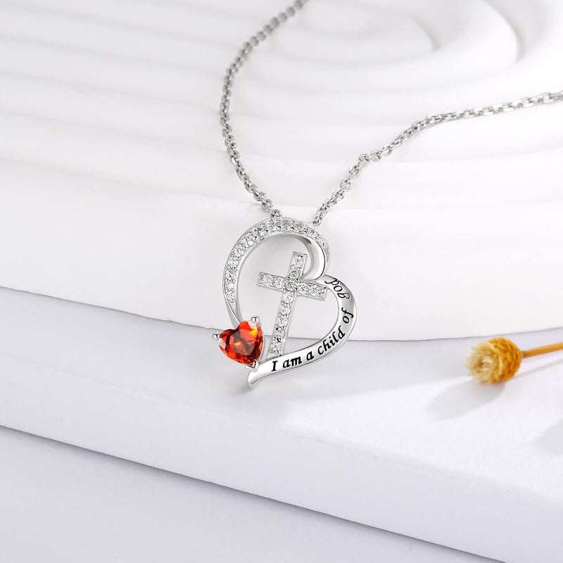 MANBU Sterling Silver Cross Necklace for Girls: Heart Birthstone I am a Child of God Pendant Religious Jewelry Baptism First Communion Confirmation Gifts for Teens - Image 3